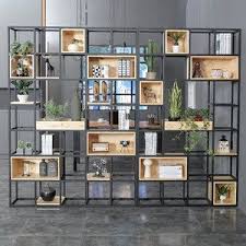 Industrial Solid Wood Shelf Partition Porch Iron Screen Shelf Household Office Partition Bookshelf Minimalist Home Partition Design Solid Wood Shelves