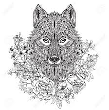 Coloriage halloween mandala tete de loup jecolorie com. Hand Drawn Graphique Tete Ornee De Loup Avec Motif Ethnique Floral De Griffonnage Pivoines Et D Autres Fleurs Vector Illustration De Livre De Coloriage Tatouage Impression Sur T Shirt Sac Isole Sur Un Fond