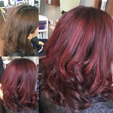 From Grown Out Faded Brunette To Vibrant Rich Violet Red With Bright Peace S Of Cherry Violet Red Long Hair Styles Brunette Color Correction
