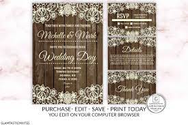 Lace Rustic Wood Wedding Invitation Kit Editable Printable Etsy Rustic Wood Wedding Invitations Wedding Invitation Kits Wood Wedding Invitations