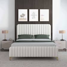 Ashcroft BED00500107 Valery King Platform Bed in Vertical Channel Tufted  Cream Boucle Fabric