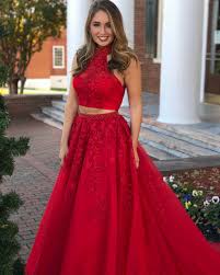Two Piece Prom Dress 2018 Prom Dress Red Prom Dress Long Prom Dress High Neck Two Piece Red Long Prom Dresses For Teens Red Prom Dress Red Prom Dress Long