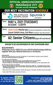 If you haven't registered, go to this link. Paranaque Health Promotion And Communication Unit The Paranaque City Will Have A Vaccination Program For Interested Fellows Belonging To Category A2 Senior Citizens Ages 60 And Above On May 04 2021