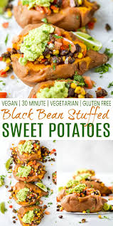 Vegan Black Bean Stuffed Sweet Potatoes Easy Stuffed Sweet Potatoes Recipe Vegan Weeknight Meals Sweet Potato Vegetarian Healthy Potato Recipes
