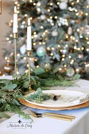 Holiday Table Setting With Cedar Eucalyptus And Brass Bells Christmas Table Decorations Shabby Chic Christmas Decorations Christmas Table Settings