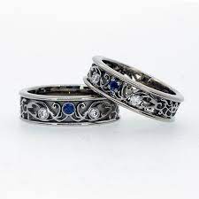 Filigree Wedding Band Set With Blue Sapphires And Diamonds Matching Wedding Ring Unique Men Sap Mens Wedding Rings Unusual Wedding Rings Black Wedding Rings