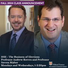 ⚖️ Are you more into #InternationalPolitics or #AmericanPolitics? Either  way, we've got an undergrad class for it: 📚L32 Pol Sci 1021 The Business  of Elections 👨‍🏫Professor Andrew Reeves and Professor Steven Malter
