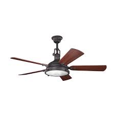 There are many manufacturers that fabricate ceiling fans. Kichler 300018dbk Distressed Black Hatteras Bay 56 5 Blade Ceiling Fan With Blades Light And Remote Control Ventingdirect Com