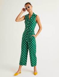Bringing you a refined collection of jumpsuits, designed by our in house team. Revere Collar Jumpsuit Forest Linear Brand Spot Boden Uk