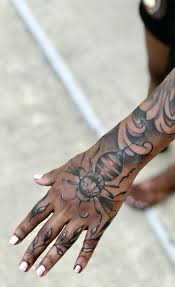 Sleeve And Hand Tattoo Bee Blue Ink Tattoos Dark Skin Tattoo Tattoos