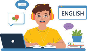 Young student learning English online ...