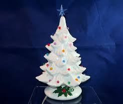 8 White Ceramic Vintage Christmas Tree With Poinsettia Base Blue Star Multi Color Globe Bulbs Vintage Christmas Tree Vintage Christmas Ceramic Christmas Trees