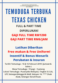 Picker packer, sales advisor, warehouse and more on indeed.com. Maukerja On Twitter Open Interview Texas Chicken 15 16 Feb 2019 Student Di Area Shah Alam Yang Mencari Kerja Part Time Boleh Mohon Gaji Rm6 Jam Free Makan Pulak Tu Jawatan