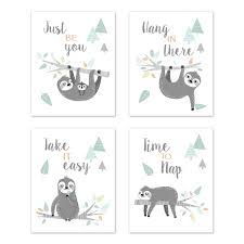 Navy and green nursery wall decor. Blue And Grey Jungle Sloth Leaf Wall Art Prints Room Decor For Baby Nursery And Kids By Sweet Jojo Designs Set Of 4 Be You Hang In There Take It