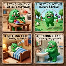 Clay Monster Demonstrating Healthy Habits: Nutrition, Hygiene, Activity, Rest | AI Art Generator | Easy-Peasy.AI