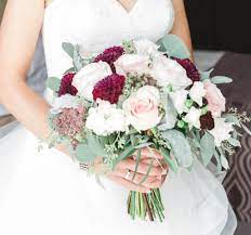 Handcrafted in solid silver and precious gold and hallmarked at dublin castle, you're sure to find the perfect pair in our sensational selection of irish wedding rings. Blush And Burgundy Bridal Bouquet With Roses Dahlias And Seeded Eucalyptus Hydrangeas Wedding Unique Wedding Flowers Modern Wedding Flowers