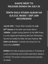 Donda is the tenth studio album by american rapper and producer kanye west. Andrew Barber On Twitter Kanye West S Donda Album Confirmed For Friday