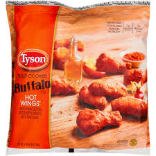 Drumsticks and wings packaged in divided servings of 4 pieces in 6 or 8 packs bundled together. Costco Tyson Wings