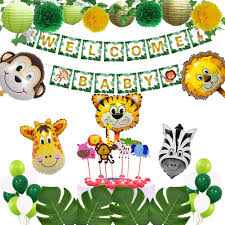 Jungle theme safari baby shower decorations with green balloon garland arch backdrop, tropical leaves decoration, ivy vines, banner sign, neutral birthday party supplies for boy or girl. Animal Cupcake Toppers Jungle Theme Safari Baby Shower Decorations With Welcome Baby Banner Neutral Party Decorations For Boy Or Girl Birthday Paper Lanterns Palm Leaves Pompoms Party Supplies Toys Games
