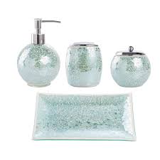 Set of three ceramic storage canisters wood tops crafted from sustainable bamboo canisters are dishwasher safe; Bathroom Accessories Set 4 Piece Glass Mosaic Bath Accessory Completes With Lotion Dispenser Soap Pump Cotton Jar Vanity Tray Toothbrush Holder Turquoise Walmart Com Walmart Com