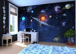 Choosing a headboard with storage allows children to display some of their favorite items and keep trinkets and other items off the floor. Kids Room With Space Wall Mural Outer Space Bedroom Space Themed Bedroom Outer Space Bedroom Decor