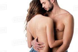 Back view of sensual half naked couple hugging isolated on white - Stock  Photo - Dissolve