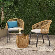 Arias 3pc Wicker Chat Set Light Brown Beige Christopher Knight Home Wicker Tempered Glass Table Top Target Patio Furniture