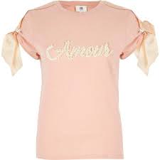 River Island Petite Pink Amour Pearl Tie Sleeve T Shirt 52 Liked On Polyvore Featuring Tops T Shirts Crew Women Clothes Sale Clothes Clothes For Women