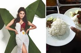 The rice is cook with coconut milk, little bit of salt and lastly pandan leaves(fragrant leaves). Baju Nasi Lemak Untuk Miss Universe Malaysia