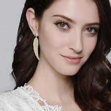 Yellow Gold with White Diamond Austrian Crystal Angel Wing Drop Post  Earrings