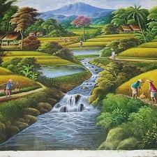 Terdapat kapal yang sedang berlayar di tengah ombak yang tidak terlalu besar. Lukisan Pemandangan Alam Panen Padi Dengan Gunung Yang Indah Shopee Indonesia