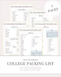 College Packing List 5 Page Printable A4 And Us Letter Format Instant Download In 2021 College Packing Lists College Packing College Freshman Tips