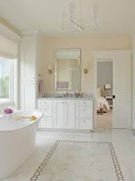 White And Cream Bathroom With Robert Abbey The Muses Chandelier Transitional Bathroom Bathrooms Remodel Cream Bathroom Bathroom Inspiration