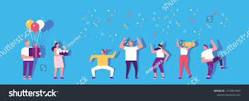 Birthday Party With Cake And Colorful Balloons People Dancing And Having Fun Friendship Celebration Flat Vector Colourful Balloons Balloons People Dancing