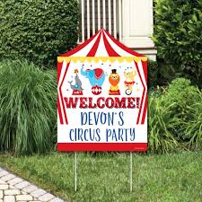 Generally, carnival parties are an outdoor event so the pictures are bright and beautiful! Carnival Step Right Up Circus Party Decorations Carnival Themed Party Personalized Welcome Yard Sign Bigdotofhappiness Com