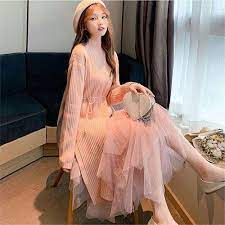 セータードレス 長袖 フレア ロング ふわふわ スリット シフォン タートルネック ドレス 長袖 ワンピース シフォン