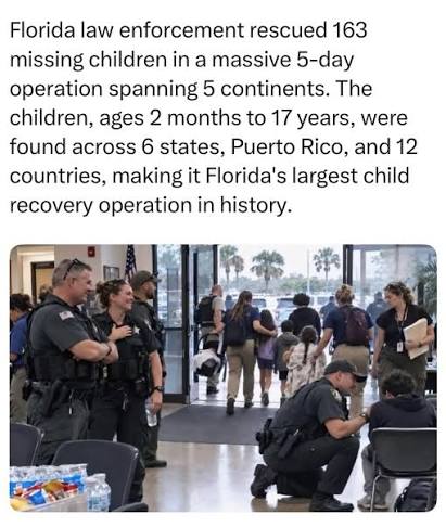 Florida law enforcement rescued 163 missing children during Operation Statewide Shield, the largest child recovery initiative in state history. The 5-day operation located children aged 2 months to 17 years across 7
