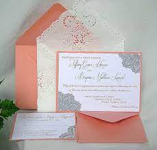 Coral N White Linen Doily Lace Wedding By Allthingsangelas On Etsy 5 50 Fun Wedding Invitations Grey Wedding Invitations Lace Wedding Invitations