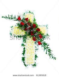 Colorful Funeral Flower Arrangement With Cross Design Stock Photo Funeral Flowers Funeral Flower Arrangements Flower Arrangements