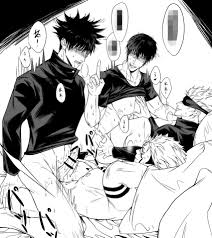 zhhy3324, fushiguro megumi, fushiguro touji, gojou satoru, ryoumen sukuna  (jujutsu kaisen), jujutsu kaisen, highres, translation request, 4boys,  anal, arm tattoo, ass, blindfold, blush, censored, cowgirl position,  drooling, erection, extra eyes, facial ...