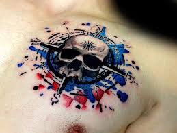 Watercolor Compass Skull Mens Red And Blue Ink 3d Chest Tattoo Watercolor Compass Tattoo Compass Tattoo Design Compass Tattoo