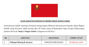 Feb 23, 2020 · masuk la sini, banyak kerja kosong dalam ni kami paparkan. Jawatan Kosong Di Negeri Kedah Kelayakan Spm Diploma Ijazah Jawatan Kosong Kerajaan Swasta Terkini Malaysia 2021 2022