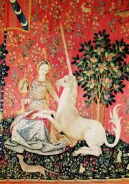 Each scene depicts one of the five senses, as well as a sixth scene labelled mon seul désir (my only desire) whose meaning is unclear. French School The Lady And The Unicorn Sight Art Print Framed Picture