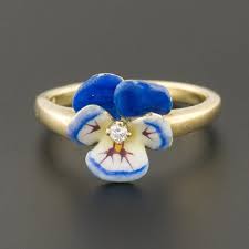 Enamel Pansy Ring By Larter Sons Diamond Flower Ring Etsy Diamond Flower Gold Flower Ring Conversion Jewelry