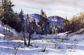 The figures in the paintings skate on frozen rivers, play early versions of ice hockey with sticks and rocks, or attempt to catch birds. Low Land Plein Air Winter Watercolor Landscape Painting Vermont Watercolor Artist Tony Conner
