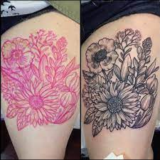 My New Thigh Piece Sunflower Blue Bonnets Baby S Breath Iris Poppy Took About An Ho Sunflower Tattoo Thigh Sunflower Tattoo Small Sunflower Tattoo Sleeve