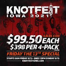 Knotfest tendrá una edición chilena el 2021. Friday The 13th Score Limited Ticket Bundles For Knotfest Iowa Knotfest Roadshow And Metal Tour Of The Year Knotfest