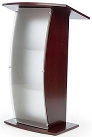 Workshop Series Floor Podium Curved Frosted Acrylic Panel 43 5 H Red Mahogany Lecterns Acrylic Panels Podium Design