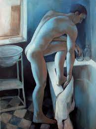 Male nude in the bathroom Painting by Juliusz Lewandowski | Saatchi Art