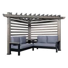 Laguna Cabana Barnwood Pergola With 3 Piece Cedar Patio Conversation Deep Seating Set With Sunbeam Indigo Cushio In 2020 Deep Seating Pergola Canopy Sunbrella Cushions